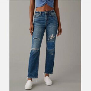 AE Strigid Super Hi-Rise Ankle Straight Distressed Patched Jeans 2